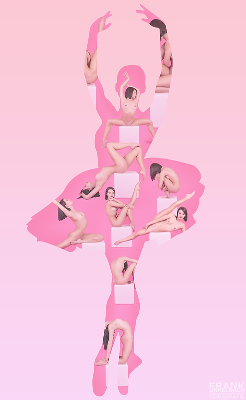 Die Silhouette einer Ballerina in Tutu ist gefüllt mit diversen akrobatischen, sinnlichen und provokanten Aktfotografien.